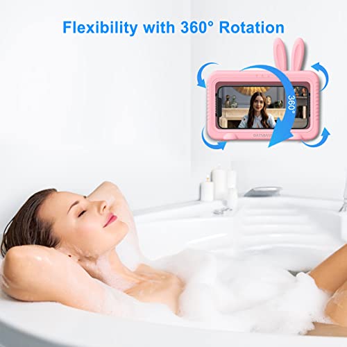 nediea Shower Phone Holder Waterproof, Cute Bunny 360° Rotation Bathroom Phone Case, Strongly 3M Adhesive Wall Mount Phone Holder for Bathroom, Kitchen, Sink, Support up to 6.8" Smartphones (Pink)