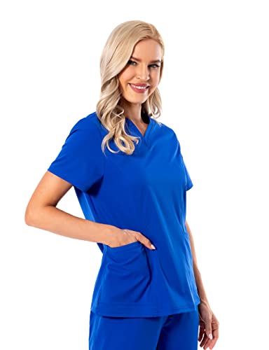 PuriPure Women Scrubs Top V-Neck Athletic Workwear Uniform 4-Way Stretch V-Neck Scrub Top with 2 Pockets (XX-Large, Galaxy Blue)