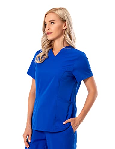 PuriPure Women Scrubs Top V-Neck Athletic Workwear Uniform 4-Way Stretch V-Neck Scrub Top with 2 Pockets (XX-Large, Galaxy Blue)