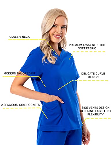 PuriPure Women Scrubs Top V-Neck Athletic Workwear Uniform 4-Way Stretch V-Neck Scrub Top with 2 Pockets (XX-Large, Galaxy Blue)