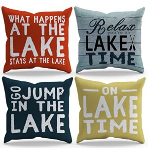 relax you’re on lake time what happens at the lake stays at the lake throw pillow cover pillowcase farmhouse lake theme 18x18 inch set of 4 decor for home lake house porch bench gifts for lake lovers