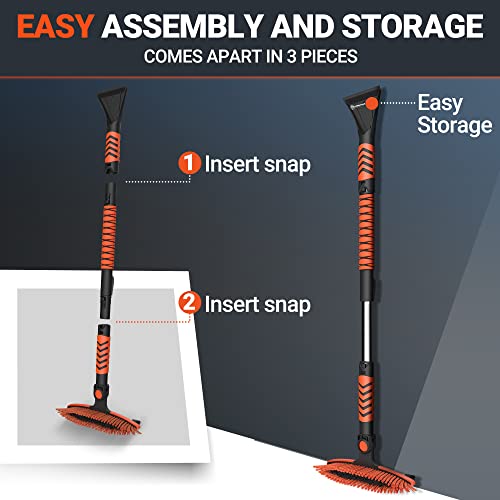 VOLTASK Extendable Snow Brush and Ice Scraper with Squeegee, Extendable Aluminum Handle, Pivoting Brush Head, Ergonomic Foam Grip, 3 in 1 Snow Removal Tool for Car, Truck, SUV