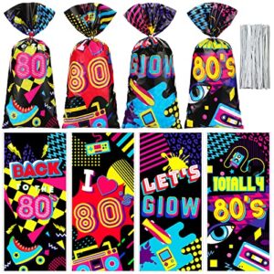 hotop 100 pcs 1980s party cellophane bags 80s gift treat bag goodie candy with 150 ties back to the i love retro themed for hip hop throwback birthday decorations supplies