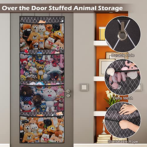 Stuffed Animal Net Over The Door Stuffed Animal Net Biupky 4 Mesh Pockets Hanging Stuffed Animal Storage Door with 4 Sturdy Hooks, Large Capacity Stuff Animal Organizer for Toy Plush Snacks (Rhombus)