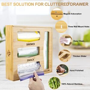 LauKingdom Ziplock Bag Organizer for Drawer Bamboo Baggie Organizer with Magnetic Slider Storage Bag Organizer for Wall Mount Plastic Bag Organizer