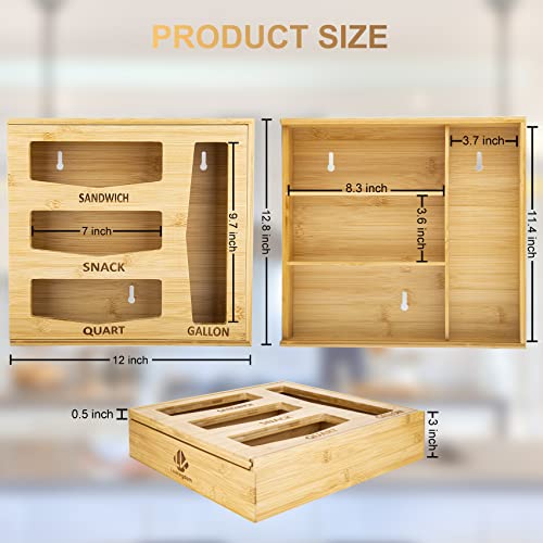 LauKingdom Ziplock Bag Organizer for Drawer Bamboo Baggie Organizer with Magnetic Slider Storage Bag Organizer for Wall Mount Plastic Bag Organizer