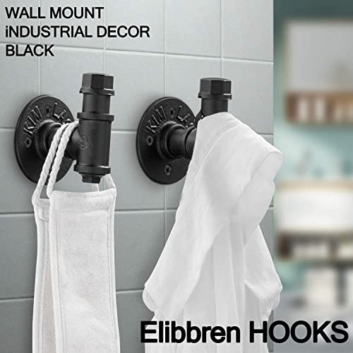 Elibbren 4 Pack Rustic Style Industrial Iron Pipe Coat Towel Holder Wall Hook for Hanging, Wall Mounted Vintage Robe Clothes Hanger Heavy Duty Farmhouse,Mounting Hardware Included Black