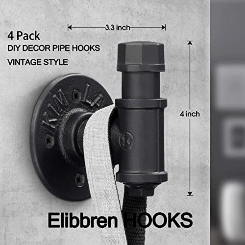 Elibbren 4 Pack Rustic Style Industrial Iron Pipe Coat Towel Holder Wall Hook for Hanging, Wall Mounted Vintage Robe Clothes Hanger Heavy Duty Farmhouse,Mounting Hardware Included Black