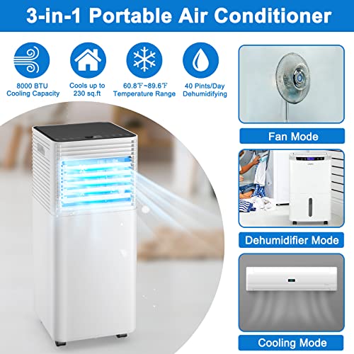 GOFLAME Portable Air Conditioner, 8000 BTU Powerful AC Unit with Remote Control and 4 Universal Casters, 3-IN-1 Air Cooler & Dehumidifier & Fan with 24H Timer for Living Room, Bedroom, Office, Black