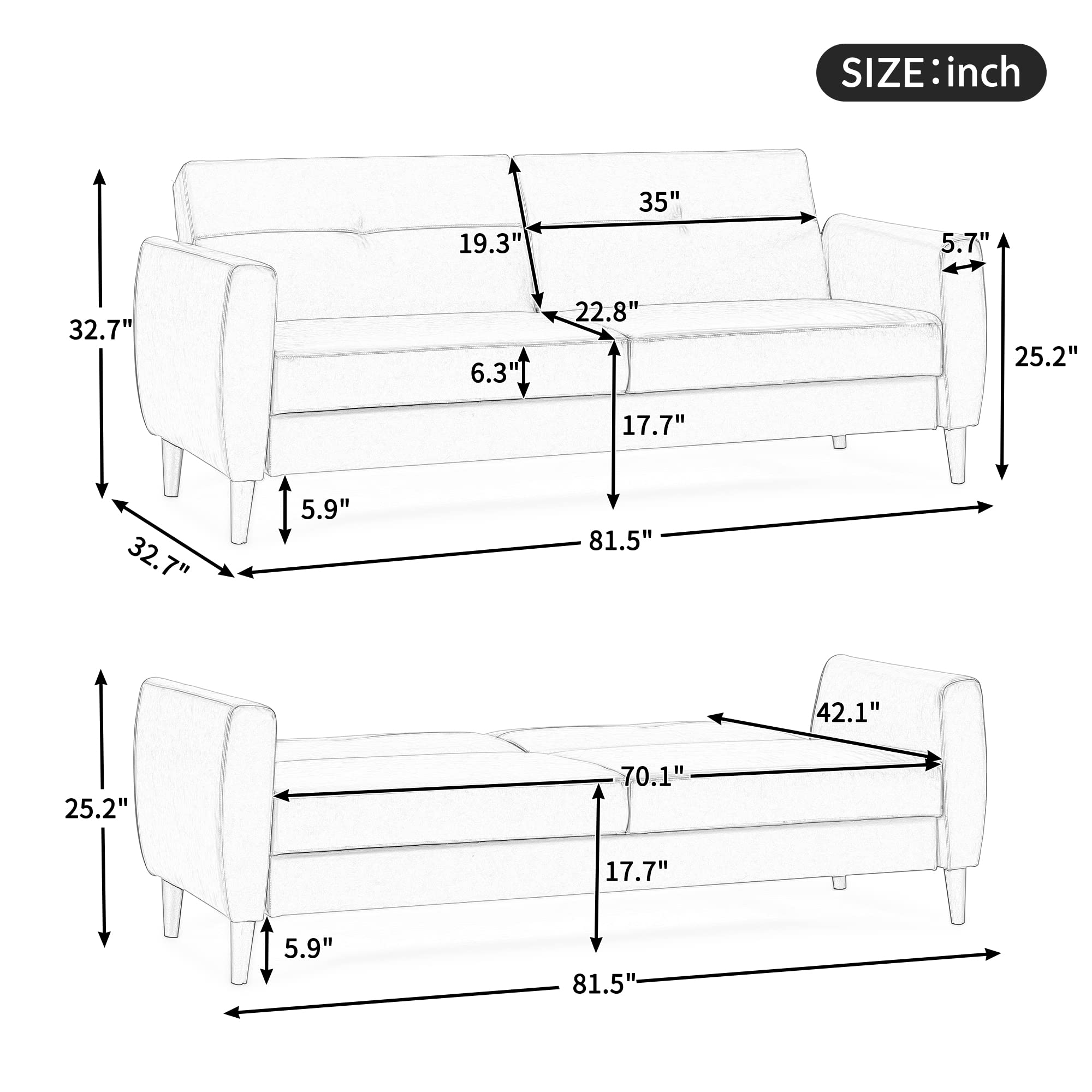 Merax Modern Futon Couch with Storge Box, PU Leather Convertible Sleeper Sofa Bed 81.5" W Easy Assemble Grey Love Seats, Loveseat, Gray