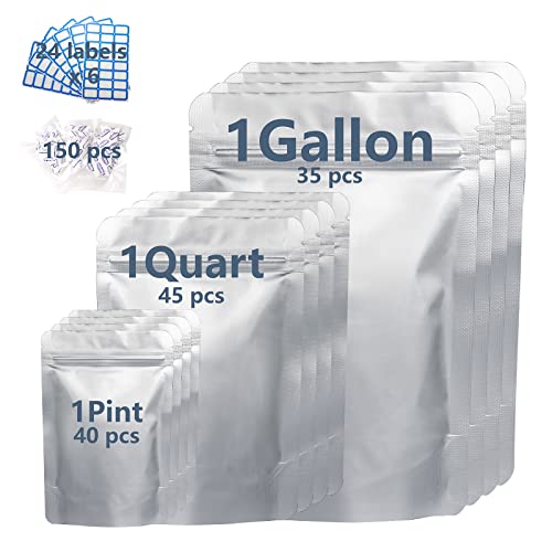 120pcs Resealable Mylar Bags for Food Storage with Oxygen Absorbers 200cc & Labels,1 Gallon×35pcs, 1 Quart×45pcs,1 Pint×40pcs,Ziplock Foil Bags for Long Term Food Storage