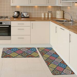 moonysweet boho anti fatigue kitchen rug mat non skid cushioned waterproof non slip pvc leather runner standing mat colorful 17" x 29" +17" x 47" set of 2 (2 pieces)