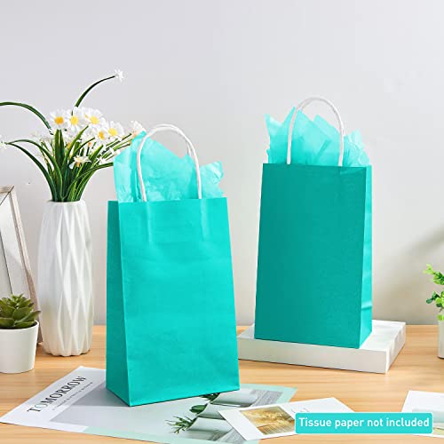 DjinnGlory 100 Pack Small Size Teal Blue Paper Gift Bags with Handles Bulk for Small Business Holiday Birthday Wedding Baby Shower Parties, Shopping Bags(Small 9x5.5x3.15 Inch, Teal)