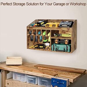 Wokyy Wall Mount Power Tool Organizer, Large Space Garage Tools Storage Cabinet, Workshop Wooden Shelf Rack, Cordless Drills Screwdrivers Holder - Brown