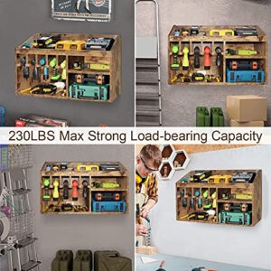 Wokyy Wall Mount Power Tool Organizer, Large Space Garage Tools Storage Cabinet, Workshop Wooden Shelf Rack, Cordless Drills Screwdrivers Holder - Brown