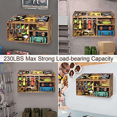 Wokyy Wall Mount Power Tool Organizer, Large Space Garage Tools Storage Cabinet, Workshop Wooden Shelf Rack, Cordless Drills Screwdrivers Holder - Brown