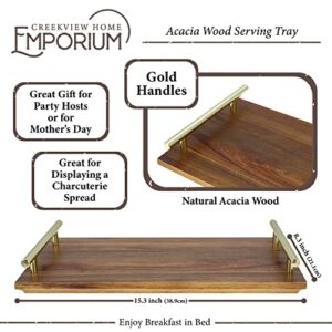 CreekView Home Emporium Acacia Wooden Serving Tray with Handles in Gold - 8x15in Rectangle Rustic Wood Serving Tray