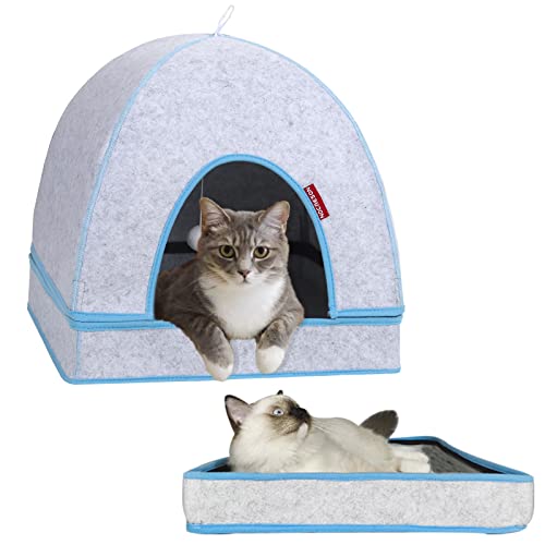 NOCAESON Cat Bed for Indoor Cats, Cat House Year Round with Heating Pad and Fluffy Ball Hanging, Foldable Heated Cat House for Joint-Relief and Hidewawy, 16x16x14 inches, Grey