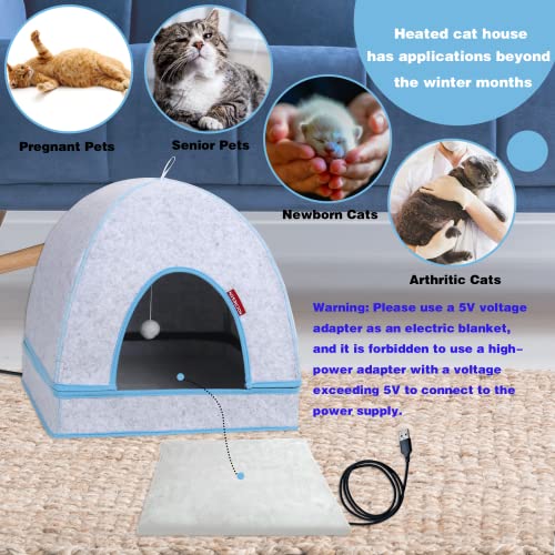 NOCAESON Cat Bed for Indoor Cats, Cat House Year Round with Heating Pad and Fluffy Ball Hanging, Foldable Heated Cat House for Joint-Relief and Hidewawy, 16x16x14 inches, Grey