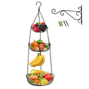 hulisen 3 tier hanging fruit basket with banana hook, heavy duty wire hanging baskets for kitchen storage, 36 inch hanging vegetable produce basket organizer (including installation bracket)