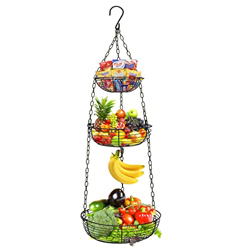 HULISEN 3 Tier Hanging Fruit Basket with Banana Hook, Heavy Duty Wire Hanging Baskets for Kitchen Storage, 36 Inch Hanging Vegetable Produce Basket Organizer (Including Installation Bracket)