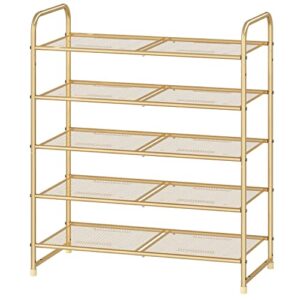 simple trending 5-tier stackable shoe rack, expandable & adjustable shoe shelf storage organizer, metal mesh, gold