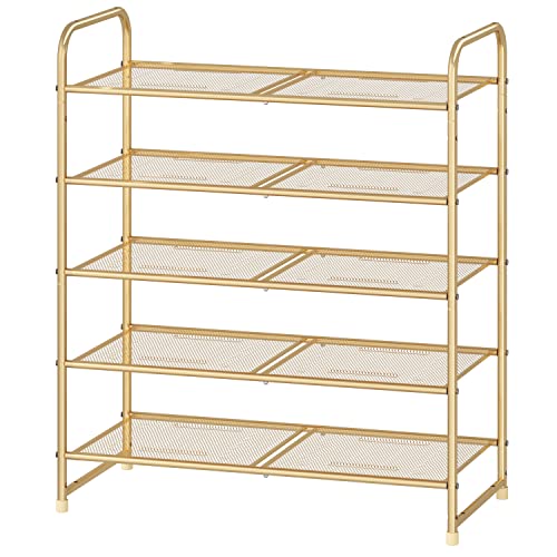 Simple Trending 5-Tier Stackable Shoe Rack, Expandable & Adjustable Shoe Shelf Storage Organizer, Metal Mesh, Gold