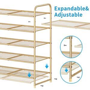 Simple Trending 5-Tier Stackable Shoe Rack, Expandable & Adjustable Shoe Shelf Storage Organizer, Metal Mesh, Gold