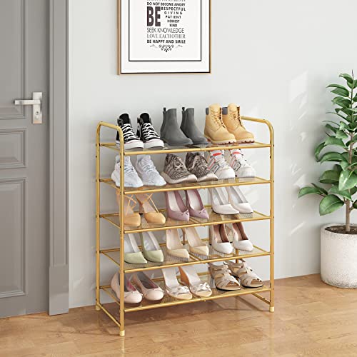 Simple Trending 5-Tier Stackable Shoe Rack, Expandable & Adjustable Shoe Shelf Storage Organizer, Metal Mesh, Gold