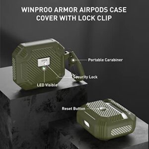 Winproo Armor Airpods 3rd Generation Case Cover with Lock Clip, Military Hard Shell Full-Body Shockproof Protective Case Skin with Keychain for Airpods 3rd Gen [Army Green]