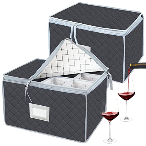 Stemware Storage Cases Box 2 Pack - China Storage Containers for 12 Wine Champagne Glasses or Crystal Glassware with Dividers and Label Window for Moving,Picnic(Grey)