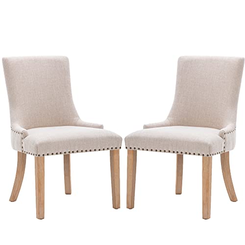 KCC Fabric Dining Chairs Set of 2 Upholstered Dining Room Chair with Solid Wood Legs,Modern Style Armless Chair with Nailhead Trim for Kitchen, Beige