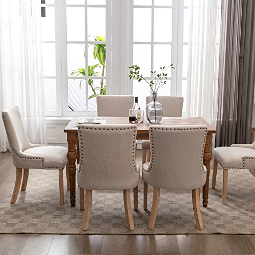 KCC Fabric Dining Chairs Set of 2 Upholstered Dining Room Chair with Solid Wood Legs,Modern Style Armless Chair with Nailhead Trim for Kitchen, Beige