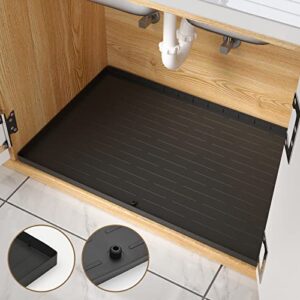 wojiubuxin under sink mat for kitchen waterproof 34" x 22" flexible silicone sink protector mat for 36" cabinet black kitchen under sink drip tray with unique drain hole,hold up to 3.3 gallons liquid