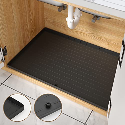 WOJIUBUXIN Under Sink Mat for Kitchen Waterproof 34" x 22" Flexible Silicone Sink Protector Mat for 36" Cabinet Black Kitchen Under Sink Drip Tray with Unique Drain Hole,Hold up to 3.3 Gallons Liquid