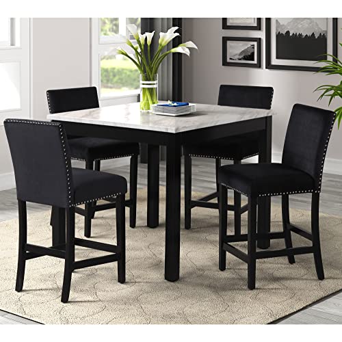 Yoglad Dining Table Set with 1 Faux Marble Dining Table and 4 Velvet Upholstered-Seat Chairs, Counter Height Rectangular Table for Dining Room, Furniture for Kitchen (5-Piece Set 42" L*42" W, Black)