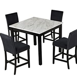 Yoglad Dining Table Set with 1 Faux Marble Dining Table and 4 Velvet Upholstered-Seat Chairs, Counter Height Rectangular Table for Dining Room, Furniture for Kitchen (5-Piece Set 42" L*42" W, Black)