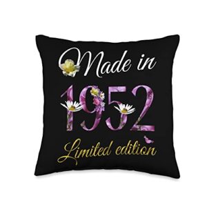 70th birthday vintage 1952 gifts tee by alice ron made tee 70 year old floral 1952 70th birthday gift throw pillow, 16x16, multicolor