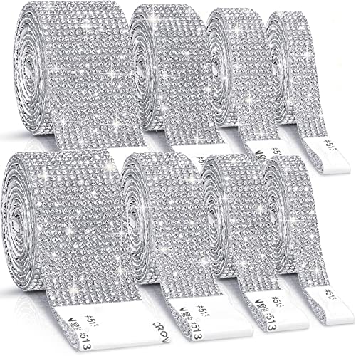 8 Rolls Rhinestone Ribbons,Cludoo 8 Yard Silver Self Adhesive Rhinestone Ribbon, Bling Crystal Diamond Ribbon Roll Wrap Glittering Rhinestones Sticker for Decoration Car DIY Arts Crafts Wedding (Sliver)