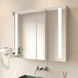 mirplus 36 x 30 inch medicine cabinet with led vantiy mirror, recessed or surface mount anti-fog large storage double door lighted aluminum bathroom cabinet with touch switch (half light)