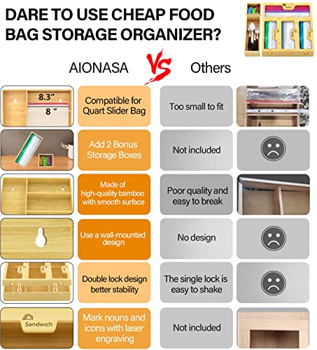 AIONASA Ziplock Bag Storage Organizer for Kitchen Drawer, Bamboo Organizer,Bamboo Plastic Bag Holder with 2 Extra Bonus Storage Boxes, Compatible with Sandwich,Gallon,Quart,Snack Plastic Bags