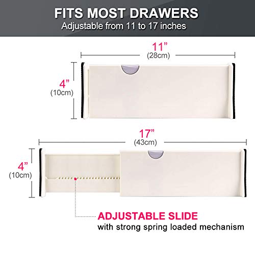 Drawer Dividers Organizer 9 Pack, Adjustable Separators 4" High Expandable from 11-17" for Bedroom, Bathroom, Closet, Clothing, Office, Kitchen Storage, Strong Secure Hold, Foam Ends, Locks in Place