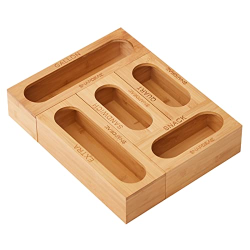 SNAPDEAL Bamboo Ziplock Storage Bag Organizer - 5 Pcs Wooden Ziplock Organizer for Drawer - Fits Slider with Quart, Sandwich, Snack, Freezer & Gallon Variety Size Bags - Best Kitchen Drawer Dispenser