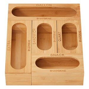 SNAPDEAL Bamboo Ziplock Storage Bag Organizer - 5 Pcs Wooden Ziplock Organizer for Drawer - Fits Slider with Quart, Sandwich, Snack, Freezer & Gallon Variety Size Bags - Best Kitchen Drawer Dispenser