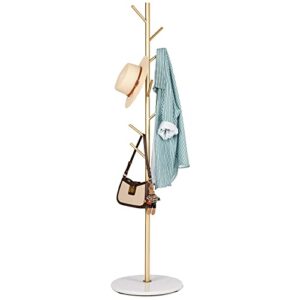 zozoe coat rack, metal coat rack freestanding satin steel with heavy stable marble base, gold coat rack stand 67’’ with 8 hooks for hanging clothes, bags, hats, accessories
