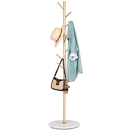 ZOZOE Coat Rack, Metal Coat Rack Freestanding Satin Steel with Heavy Stable Marble Base, Gold Coat Rack Stand 67’’ with 8 Hooks for Hanging Clothes, Bags, Hats, Accessories