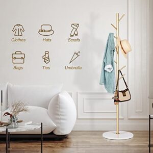 ZOZOE Coat Rack, Metal Coat Rack Freestanding Satin Steel with Heavy Stable Marble Base, Gold Coat Rack Stand 67’’ with 8 Hooks for Hanging Clothes, Bags, Hats, Accessories