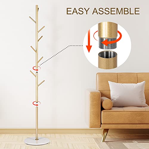 ZOZOE Coat Rack, Metal Coat Rack Freestanding Satin Steel with Heavy Stable Marble Base, Gold Coat Rack Stand 67’’ with 8 Hooks for Hanging Clothes, Bags, Hats, Accessories