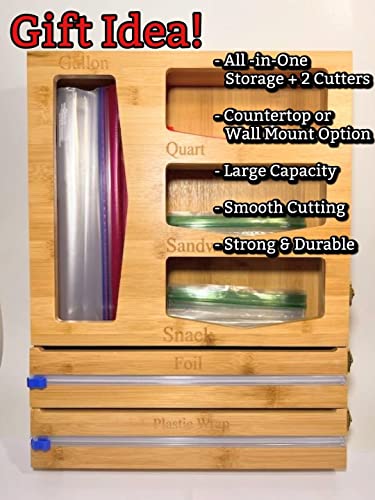 Simplify On the Go Countertop or Wall Mount Kitchen Bamboo 2 in 1 Foil and Sandwich Bag Organizer with 2 Cutters for Aluminum Foil and Plastic Wrap