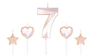 rose gold number 7 candles and star heart candles 2.76 inch number candles for birthday cakes 3d diamond shaped for cake decorations(rose gold candle 7)